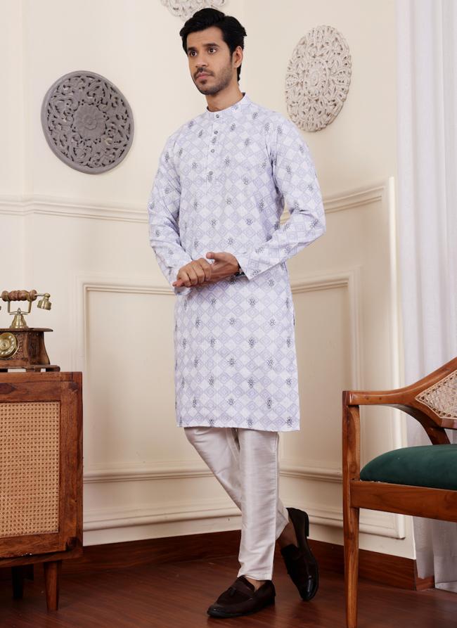 Linen Light Purple Traditional Wear Embroidery Work Readymade Kurta Pajama